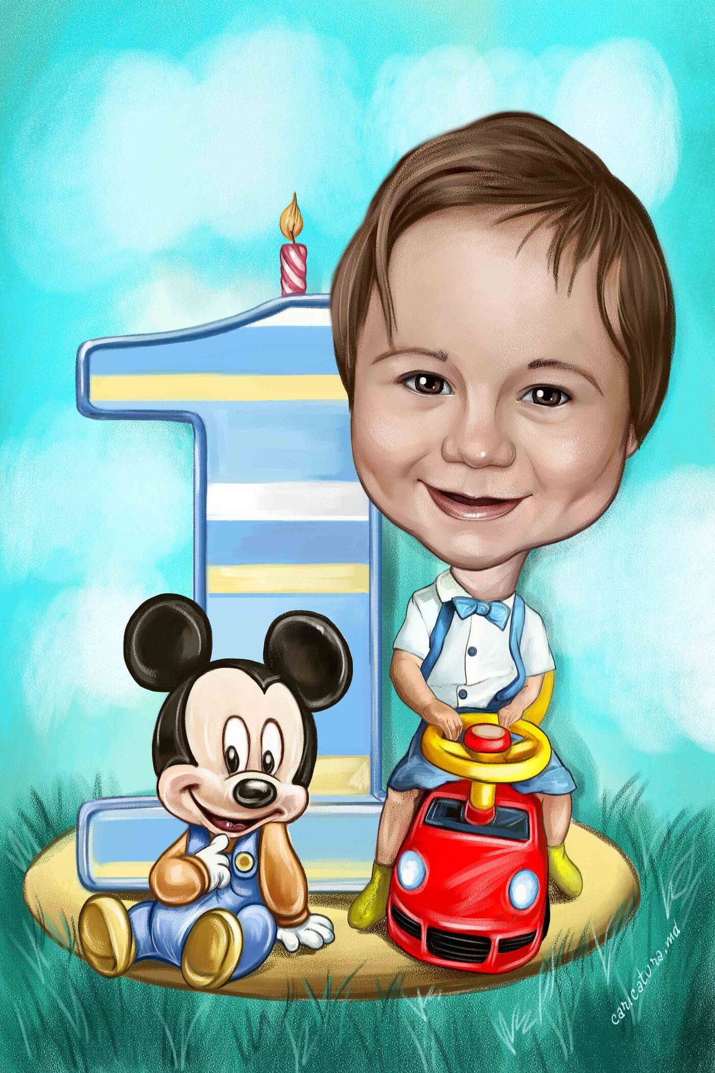 Caricatură color realizată pentru copii la un botez